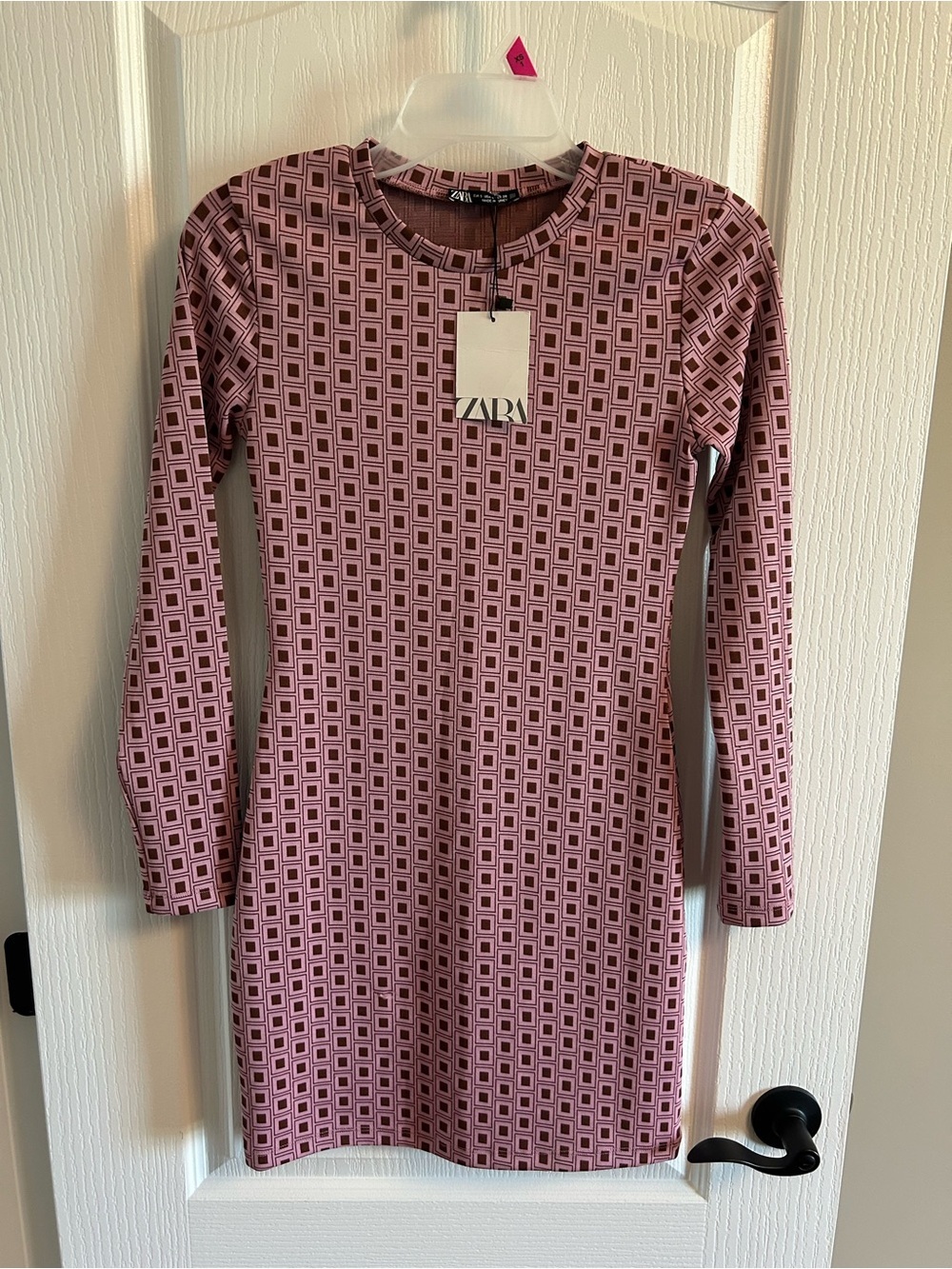 Zara Pink Square-Print Long Sleeve Shift Dress